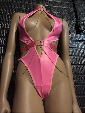 Hot Pink Cutout One-Piece Lingerie with Gold Chains